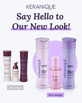 Keranique on bathroom shelf styled scene suggesting an easy self-care hair routine