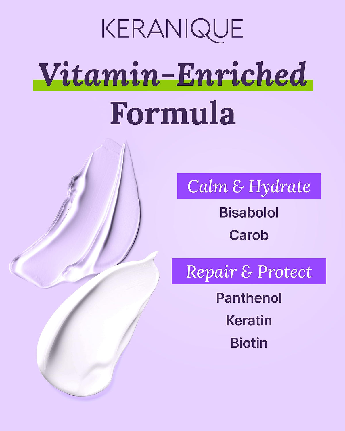 Keranique bottle label close-up highlighting Keratin Amino Complex protection
