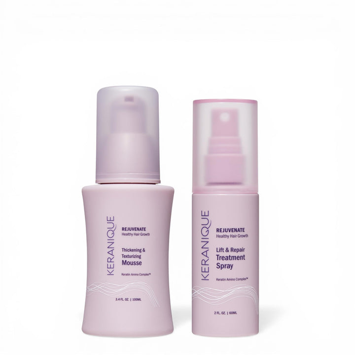 Keranique front kit showing mousse and spray for instant volume