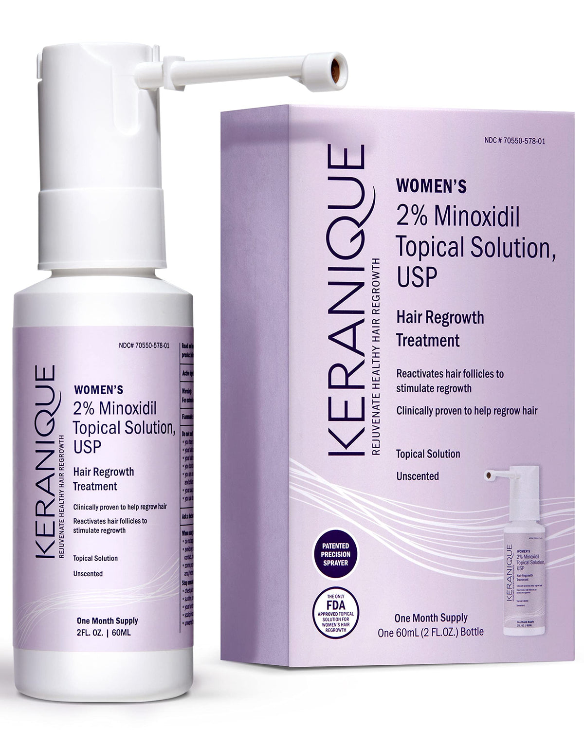 Keranique front packaging showing 2 fl oz bottle and benefits
