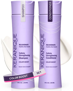Keranique front packaging showing shampoo and conditioner for preserved color