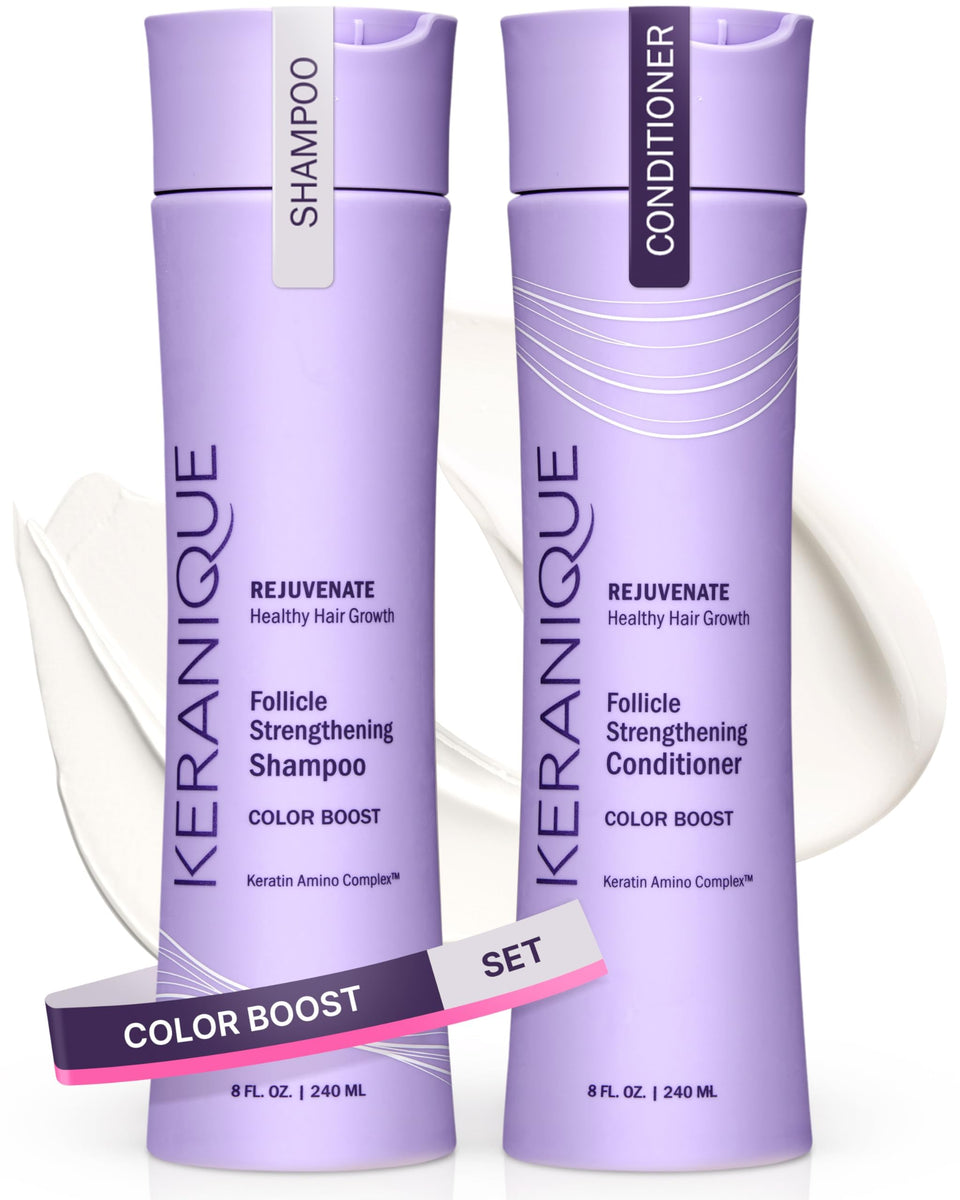 Keranique front packaging showing shampoo and conditioner for preserved color
