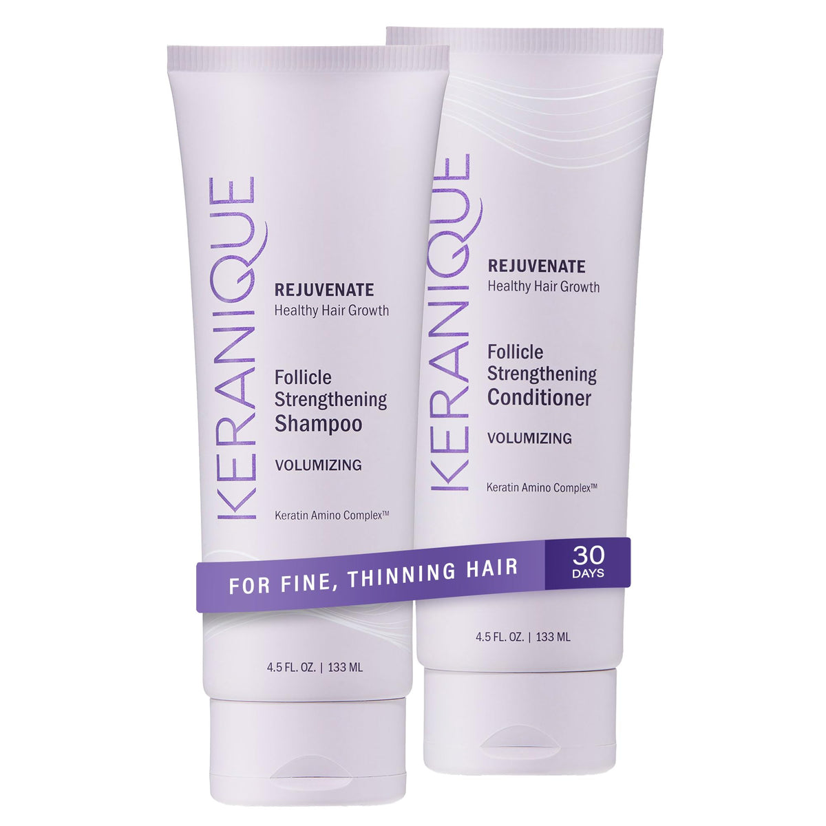 Keranique front packaging showing both shampoo and conditioner and fuller hair benefit
