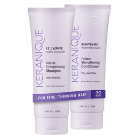 Keranique front packaging showing both shampoo and conditioner and fuller hair benefit