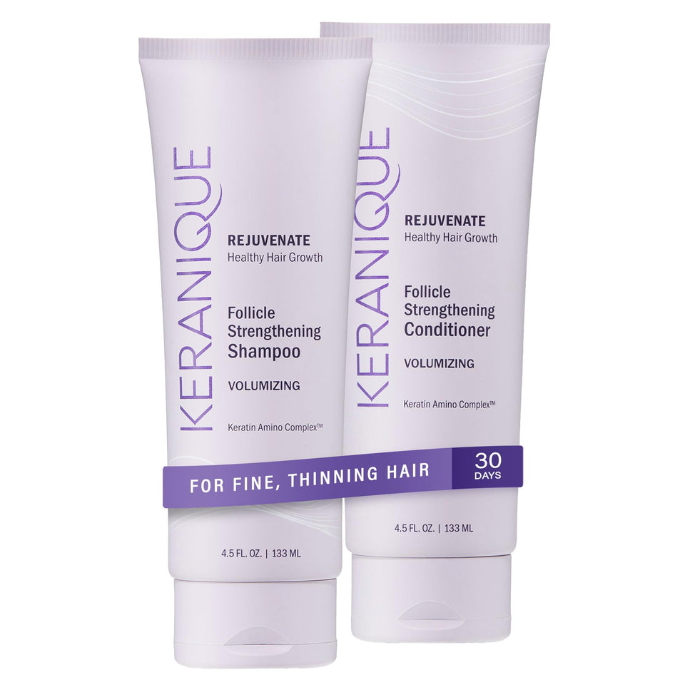Keranique front packaging showing both shampoo and conditioner and fuller hair benefit