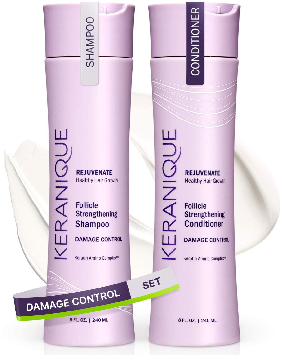 Keranique front packaging showing shampoo and conditioner for visible repair