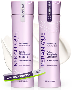 Keranique front packaging showing shampoo and conditioner for visible repair