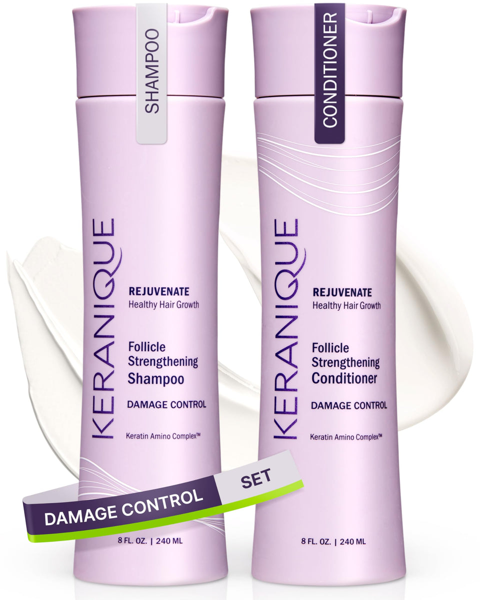 Keranique front packaging showing shampoo and conditioner for visible repair