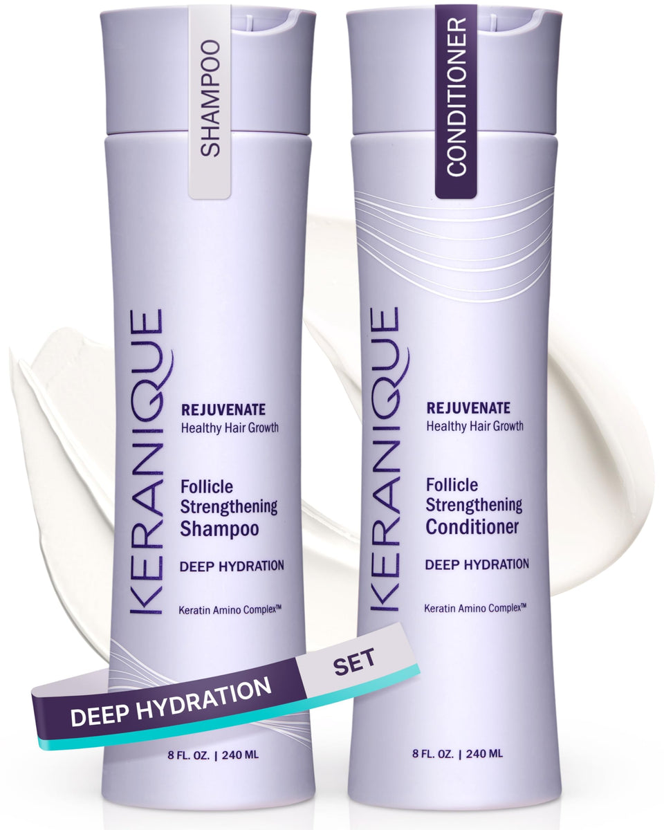 Keranique front packaging showing shampoo and conditioner, indicating moisturized hair benefit