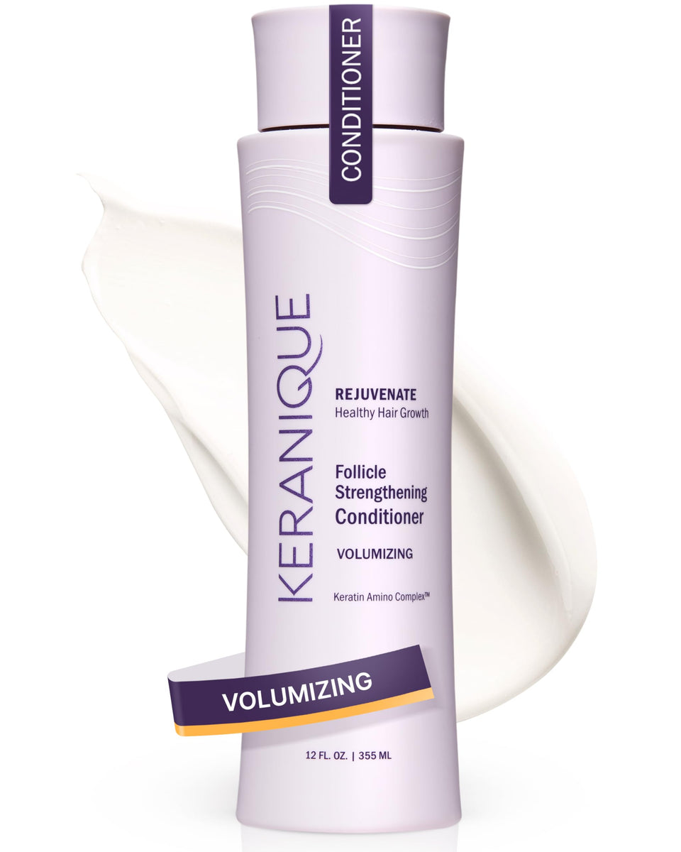 Keranique front packaging shows volumizing conditioner benefits