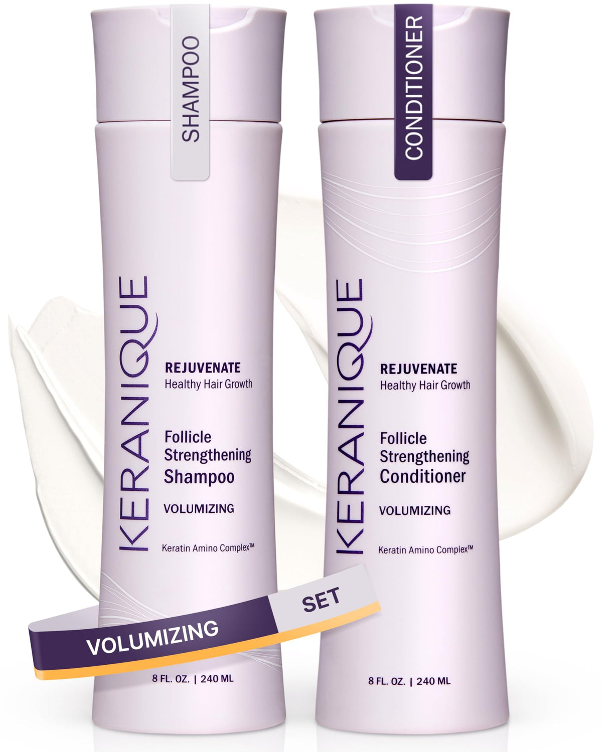 Keranique front packaging showing volumizing set and clear benefits