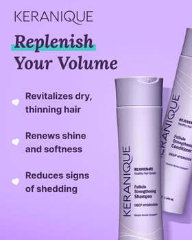 Keranique bottles beside a hand to show real size and convenient daily use benefit