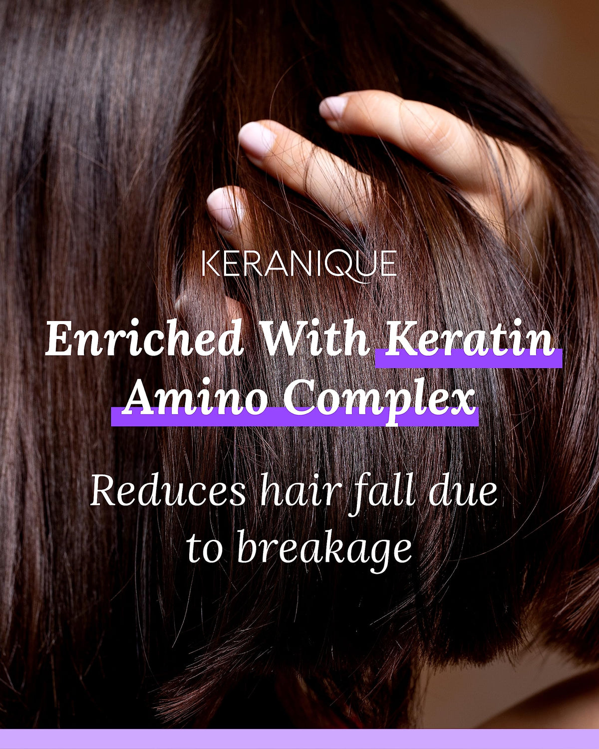Keranique fine mist on hair strand demonstrating lightweight texture and lift