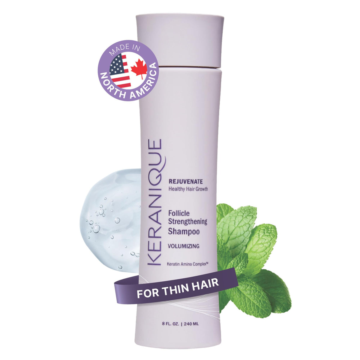Keranique bottle front view showing label and volumizing benefit