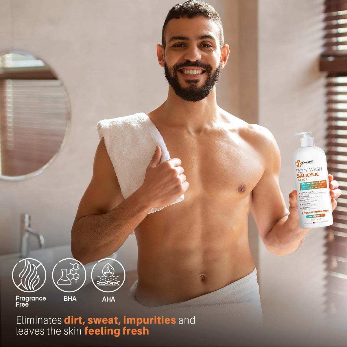 KERAPIL bottle staged in bathroom scene conveying daily routine integration