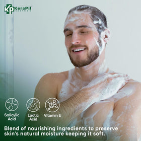 KERAPIL lather on feet demonstrating cleansing for fungal-prone and odor-prone zones