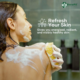 KERAPIL body wash being applied to back in shower to help clear sweat-prone areas