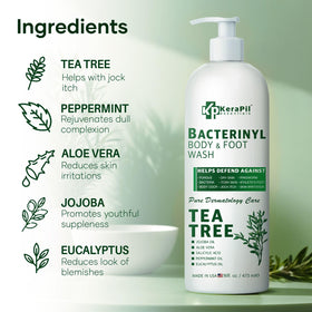 KERAPIL ingredients display including tea tree, peppermint, eucalyptus for refreshing support