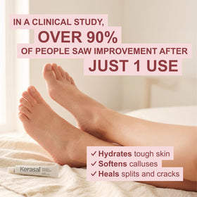 Applying Kerasal to heel demonstrating targeted repair and softness benefit