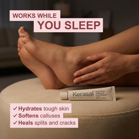 Kerasal being applied to a cracked heel illustrating targeted overnight repair