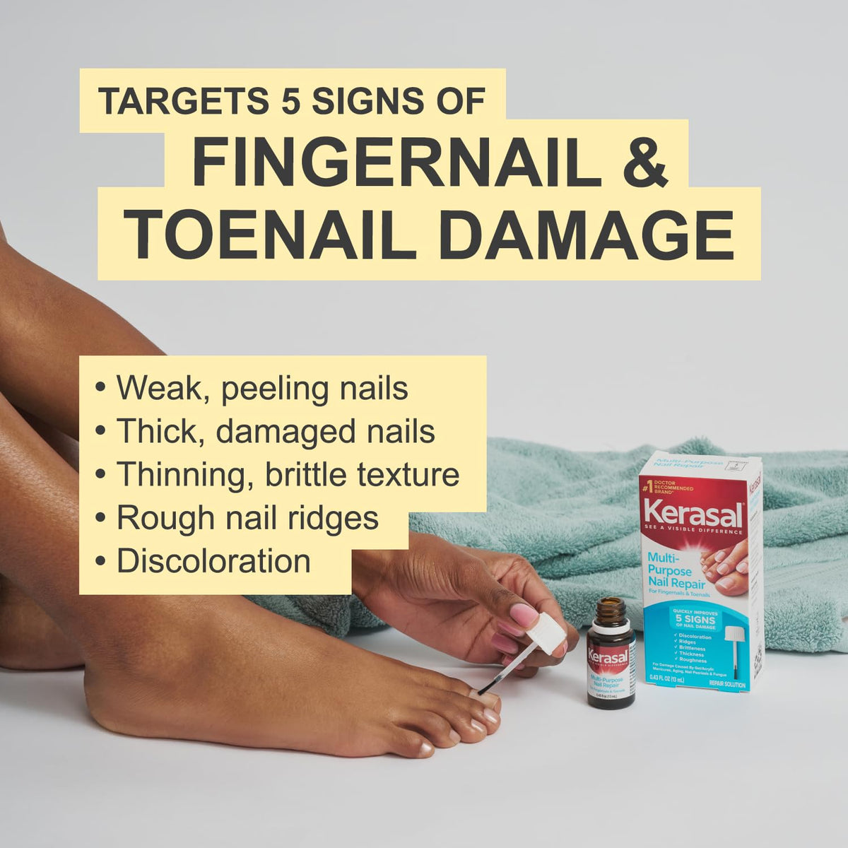 Close-up of Kerasal bottle label highlighting active ingredients and easy-use benefit