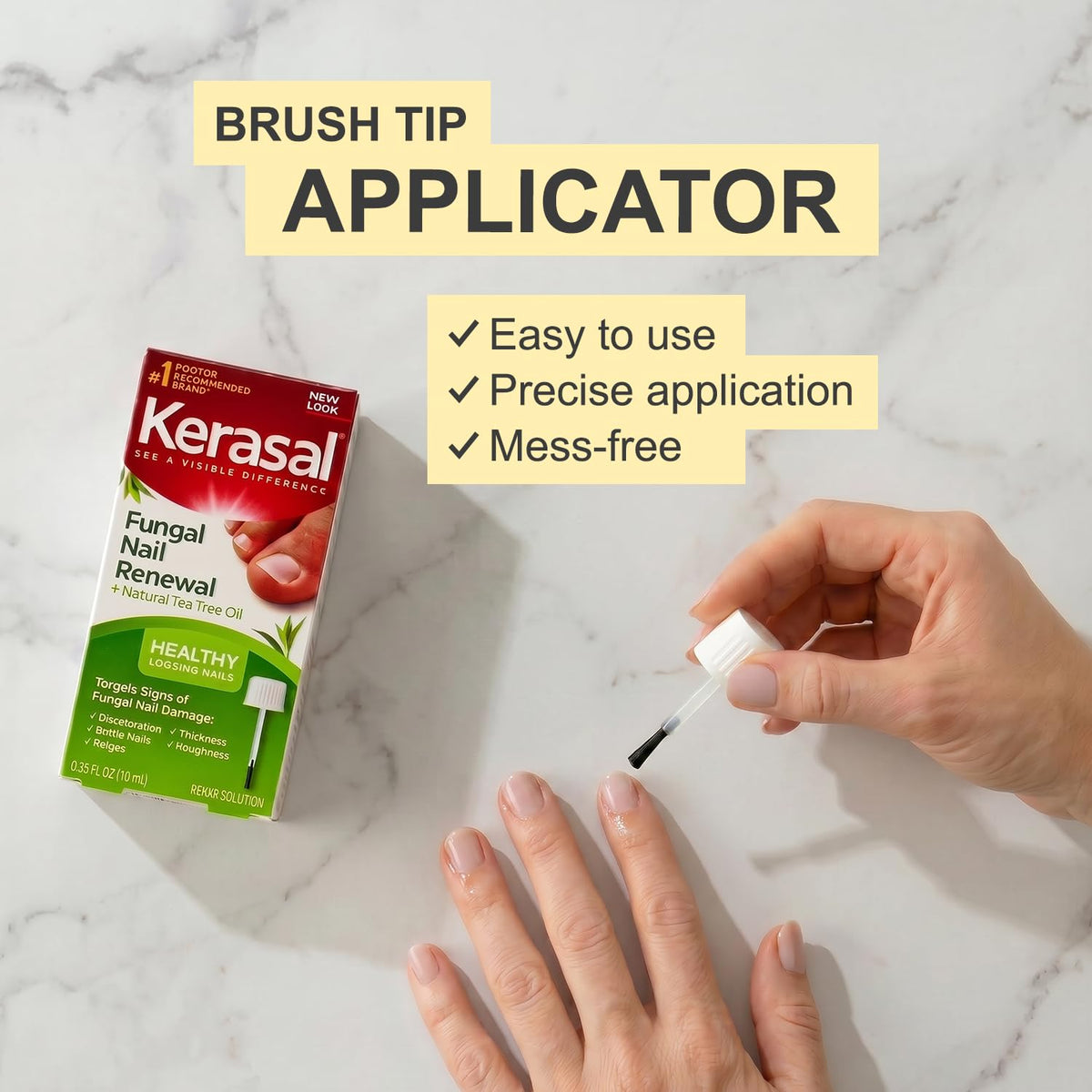 Kerasal bottle size next to fingers to illustrate compact 0.33 oz
