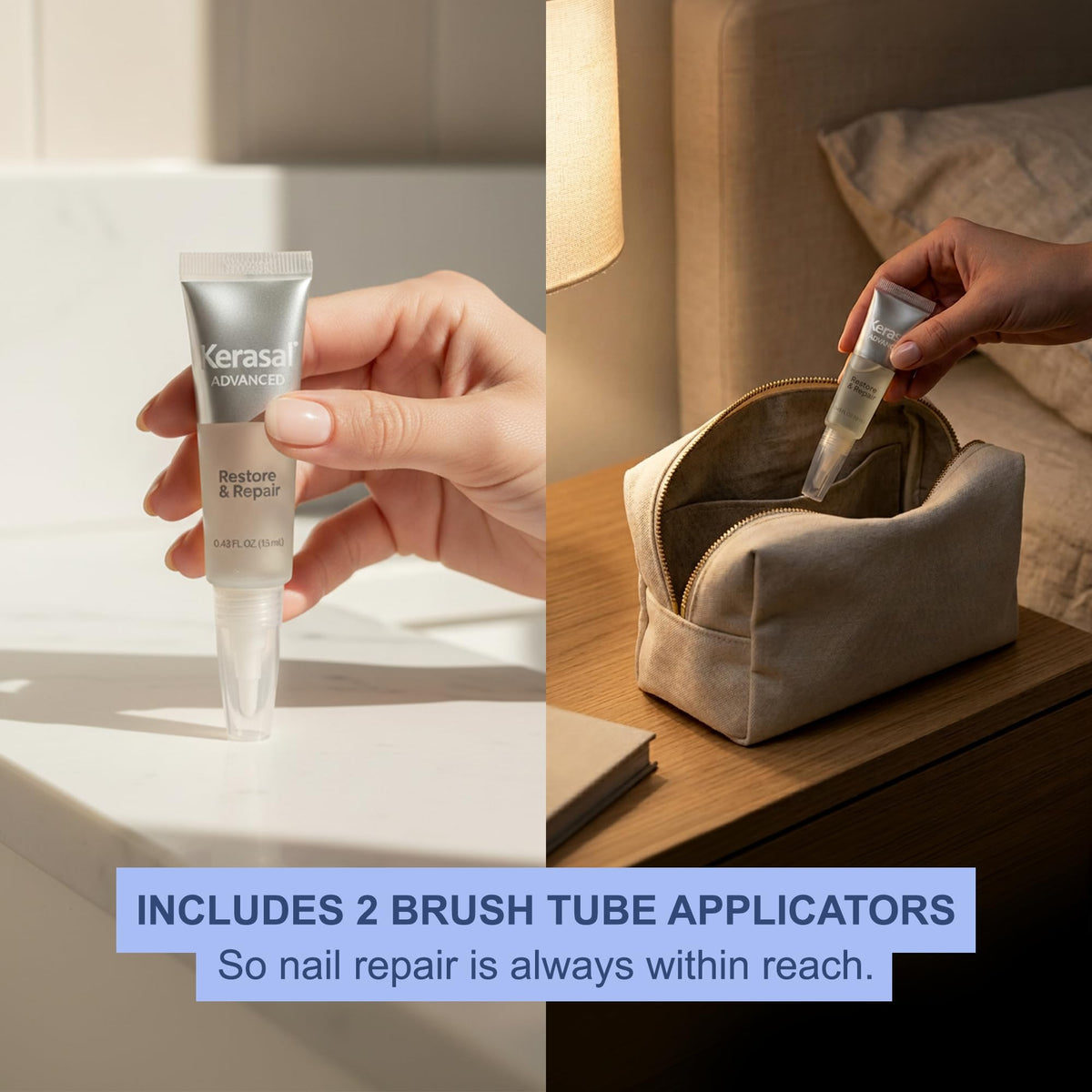 Applying Kerasal under nail edge with brush showing targeted repair and easy use benefit