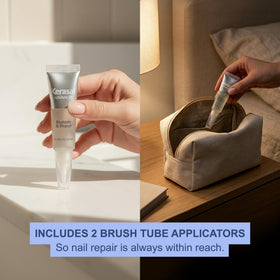 Applying Kerasal under nail edge with brush showing targeted repair and easy use benefit