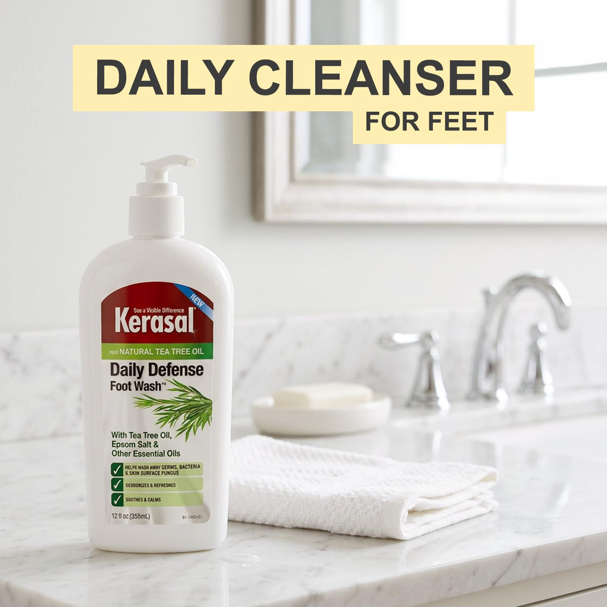 Kerasal foam texture on washcloth demonstrating gentle lather and cleansing benefit
