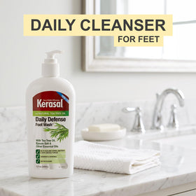 Kerasal foam texture on washcloth demonstrating gentle lather and cleansing benefit