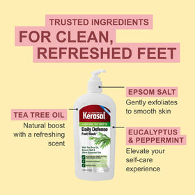 Kerasal being used in shower to clean feet and remove odor-causing debris benefit