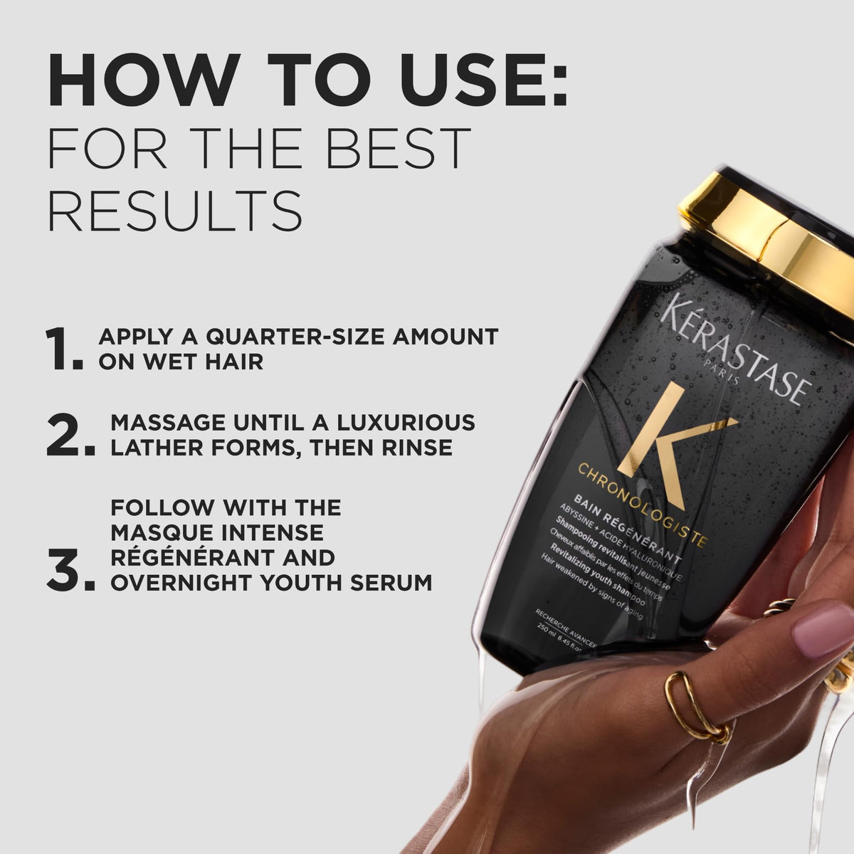 KÉRASTASE label detail with ingredient callouts helping shoppers identify hyaluronic acid