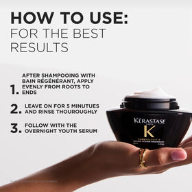 KÉRASTASE applied to towel‑dried hair demonstrating hydration and smoother styling benefit