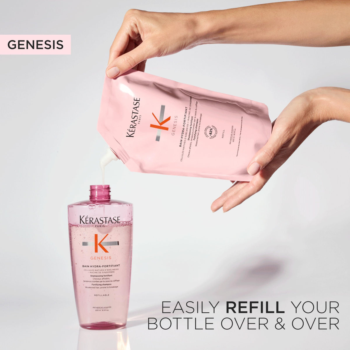 KÉRASTASE pouch in hand showing scale and convenient 16.9 fl oz refill benefit