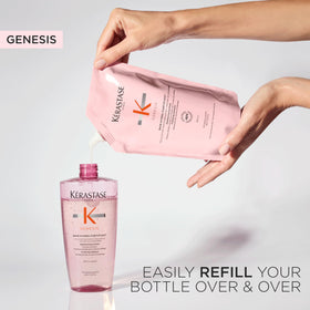 KÉRASTASE pouch in hand showing scale and convenient 16.9 fl oz refill benefit