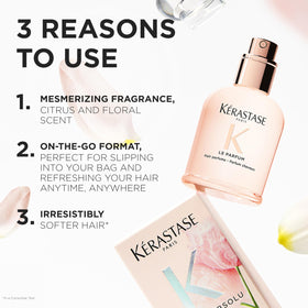 KÉRASTASE mist being sprayed from hand demonstrating easy on-the-go application