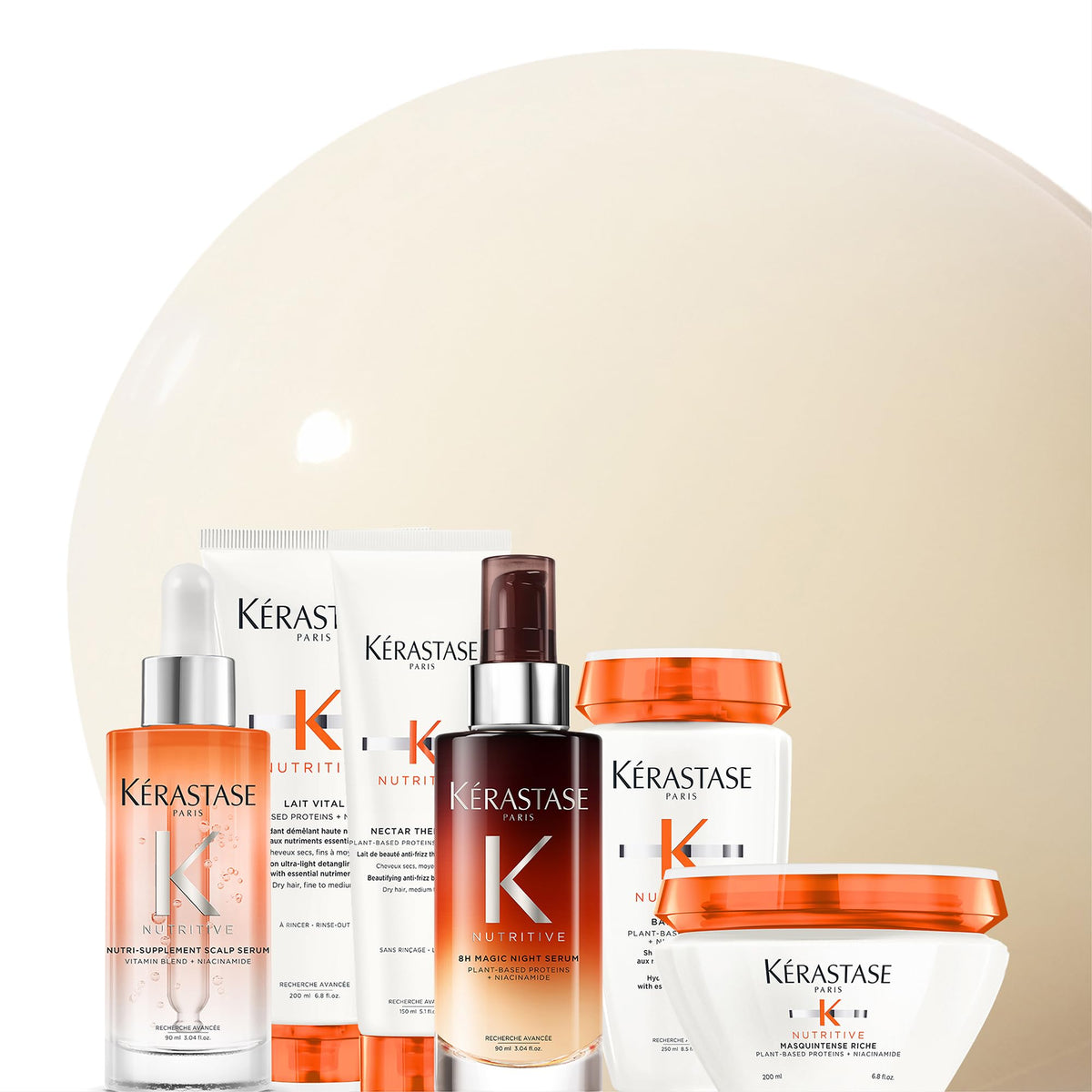 KÉRASTASE conditioner on a styled bathroom shelf conveying everyday luxury and routine use