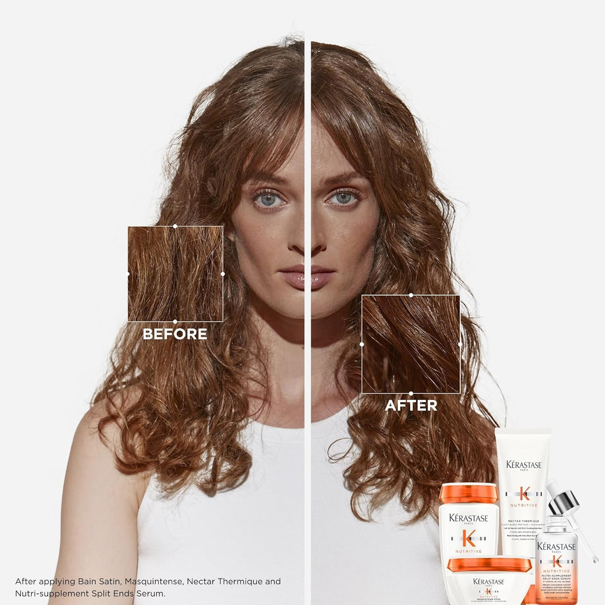 KÉRASTASE applying serum to hair ends for targeted smoothing and protection