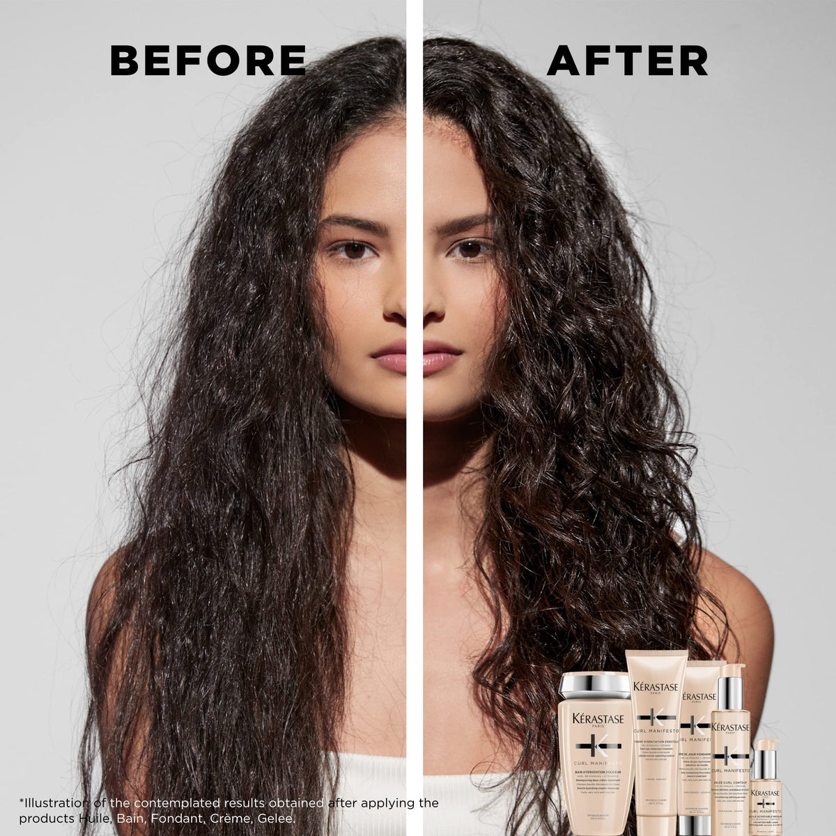 KÉRASTASE shampoo being applied to curly hair demonstrating effective product use