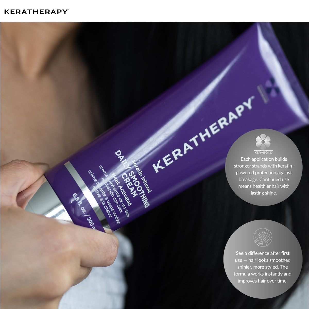 KERATHERAPY in-use during blowdry to show smoother, shinier hair
