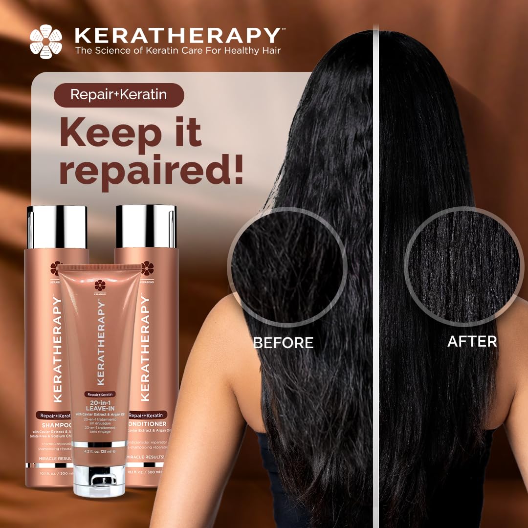 KERATHERAPY bottle on bathroom shelf in lifestyle setting that suggests daily routine fit