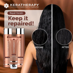 KERATHERAPY bottle on bathroom shelf in lifestyle setting that suggests daily routine fit