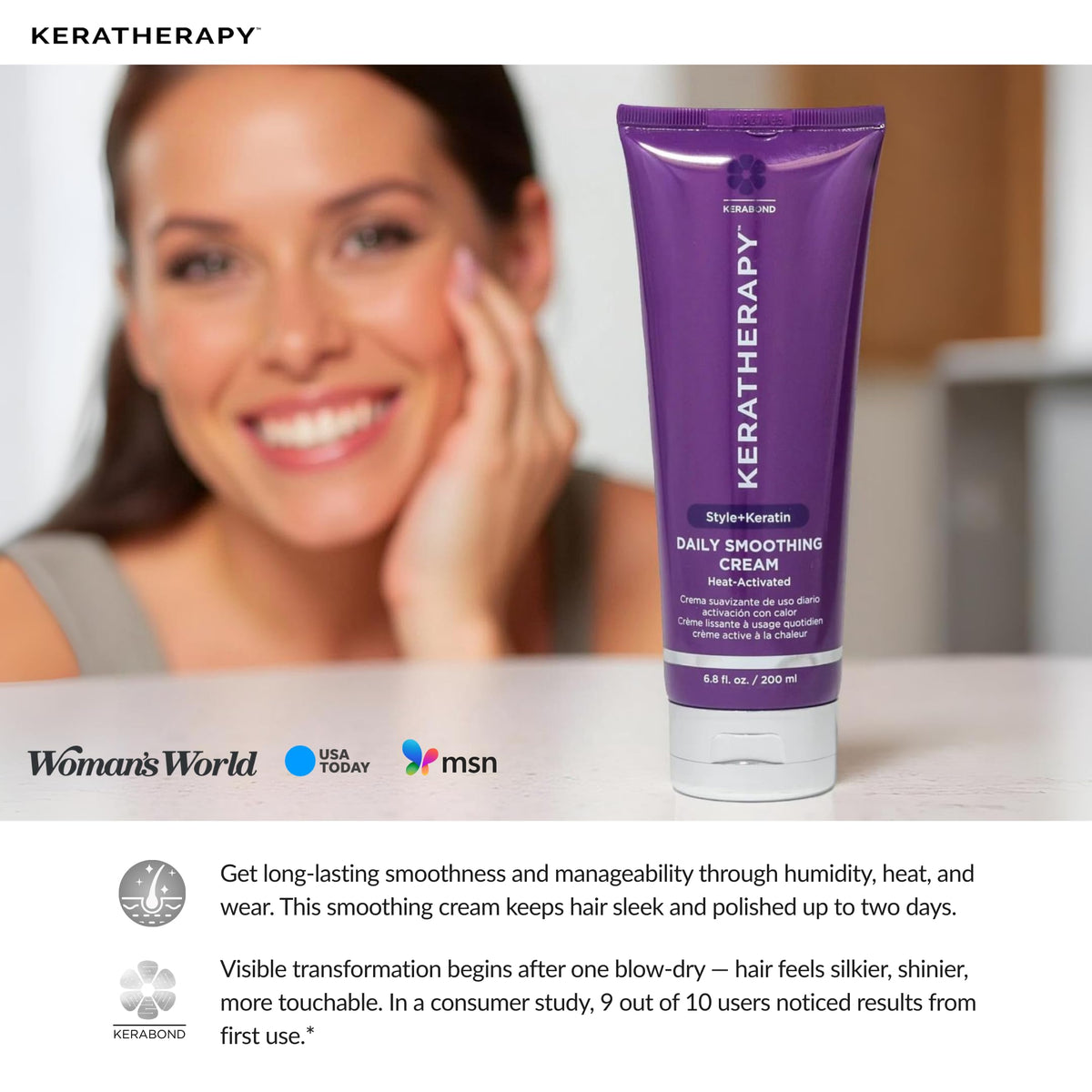 KERATHERAPY bottle next to hand for accurate 6.8 fl oz scale
