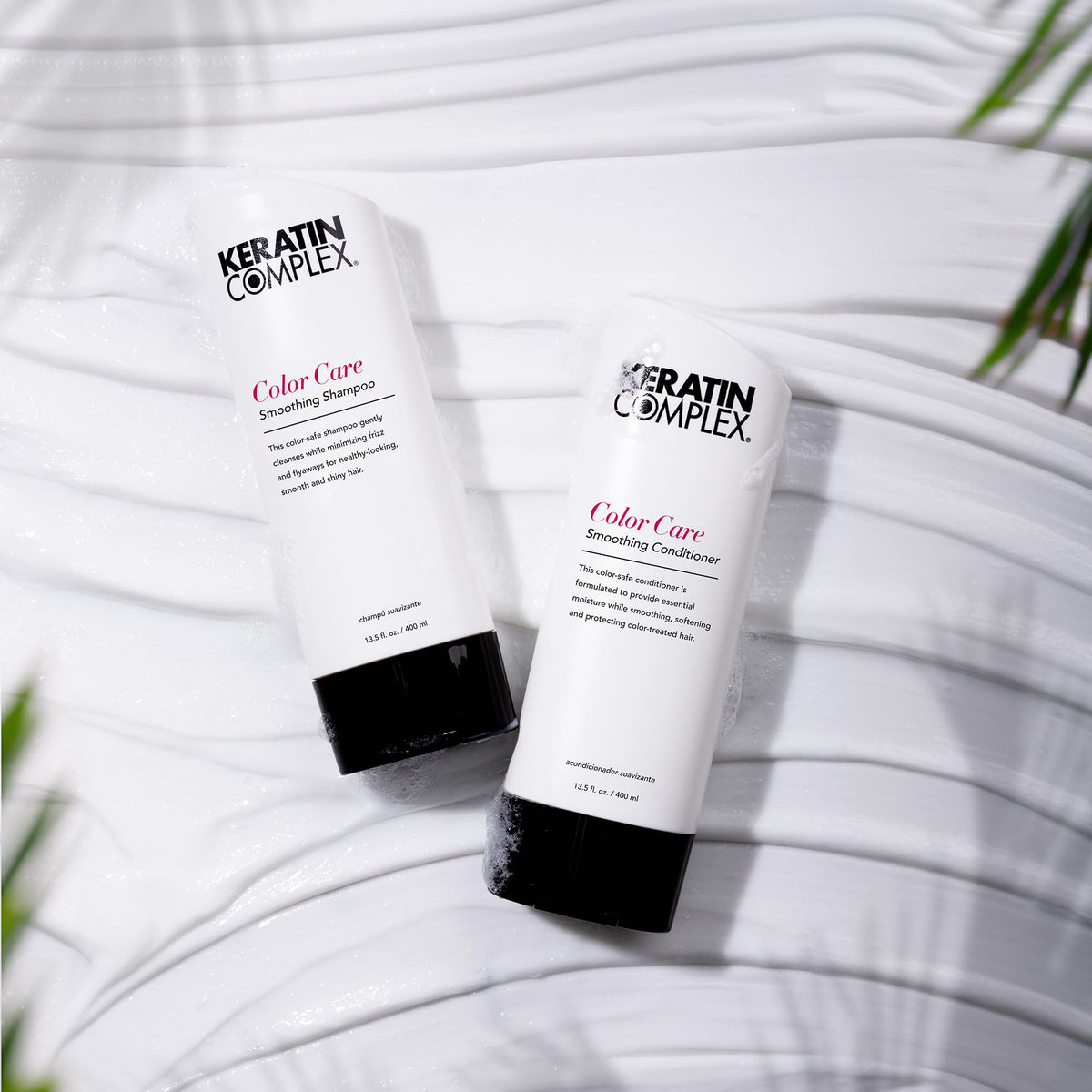 Keratin Complex duo front packaging showing both 13.5oz bottles for long-lasting color