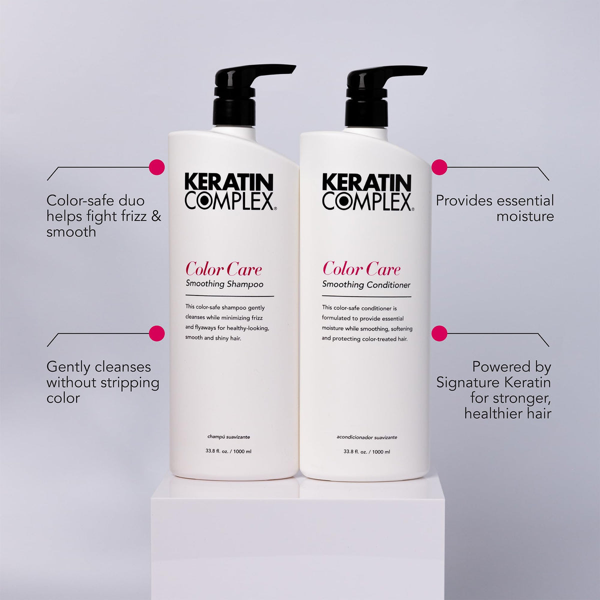 Keratin Complex shampoo and conditioner in bathroom implying routine