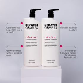 Keratin Complex shampoo and conditioner in bathroom implying routine