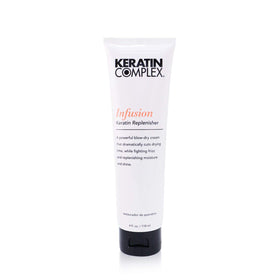 Keratin Complex front packaging showing 4 fl oz tube and clear label, faster blow-dry benefit