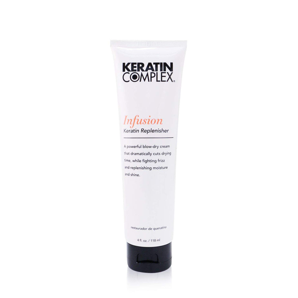 Keratin Complex front packaging showing 4 fl oz tube and clear label, faster blow-dry benefit