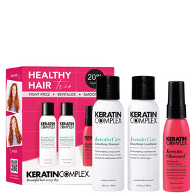 Keratin Complex front packaging showing trio travel bottles and clear branding for easy travel