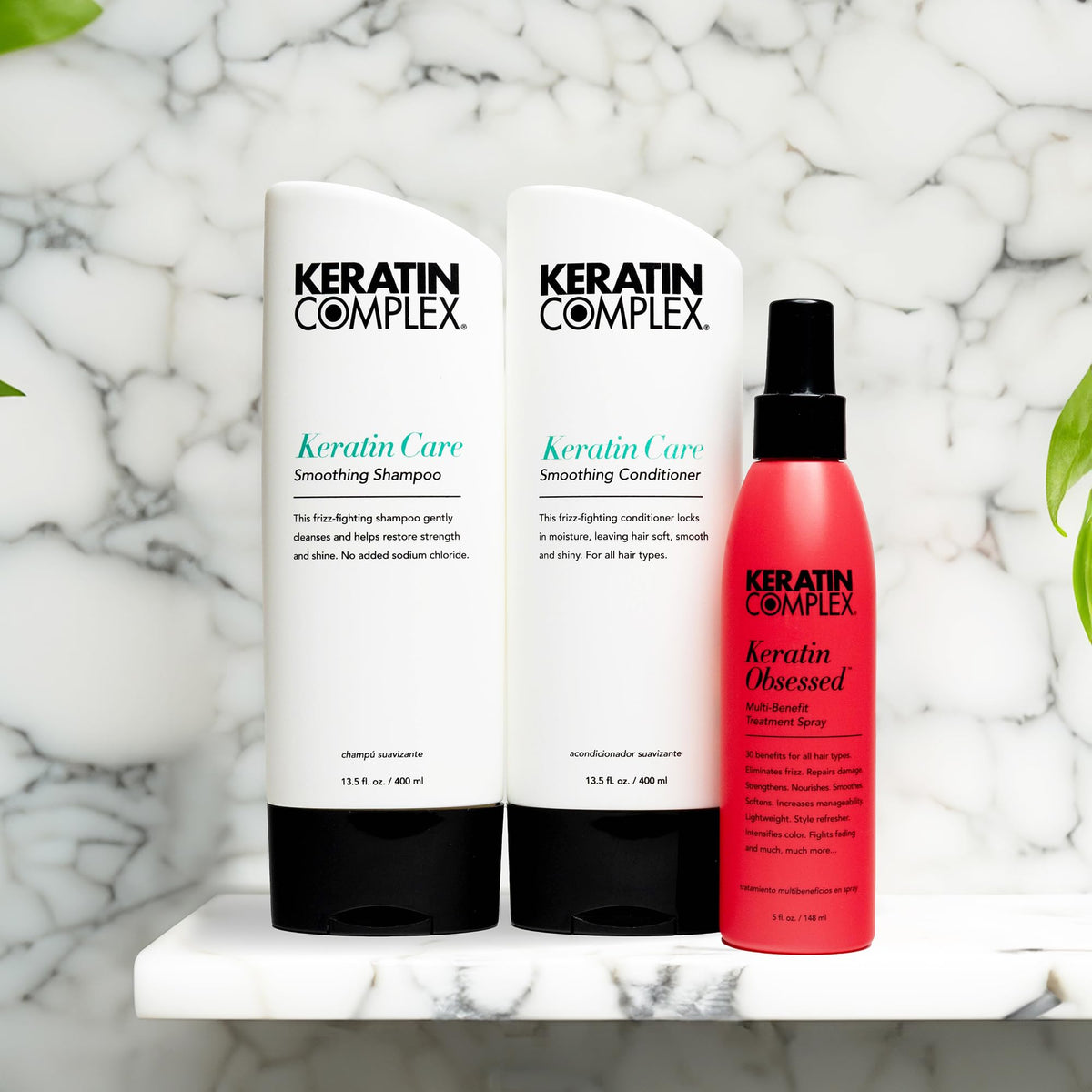 Keratin Complex Keratin Obsessed spray bottle showing styling and shine boost